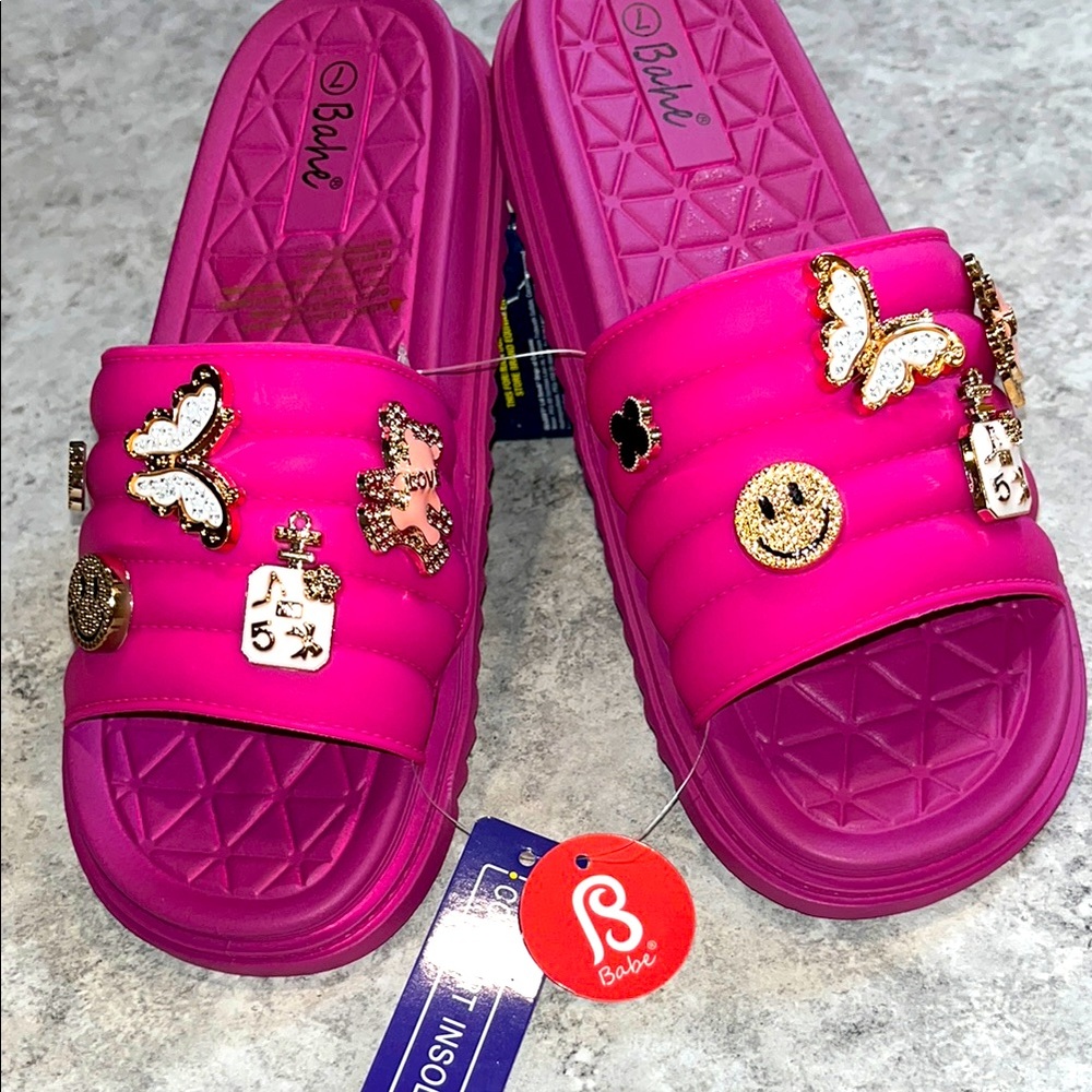Babe Pink Slide Sandals with Charms